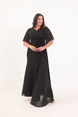 Kadın Siyah Çiçek Detay Büyük Beden Uzun Abiye Elbise