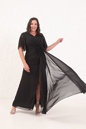 Kadın Siyah Çiçek Detay Büyük Beden Uzun Abiye Elbise