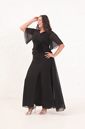 Kadın Siyah Çiçek Detay Büyük Beden Uzun Abiye Elbise