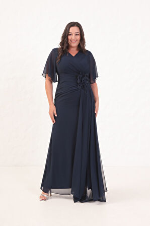 Kadın Lacivert Çiçek Detay Büyük Beden Uzun Abiye Elbise