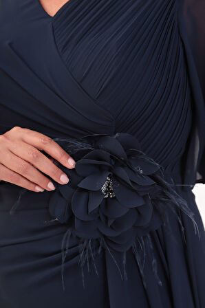 Kadın Lacivert Çiçek Detay Büyük Beden Uzun Abiye Elbise