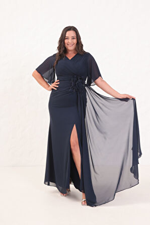 Kadın Lacivert Çiçek Detay Büyük Beden Uzun Abiye Elbise