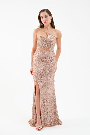 Kadın Gold Bel Transparan Yırtmaçlı Payetli Uzun Abiye Elbise