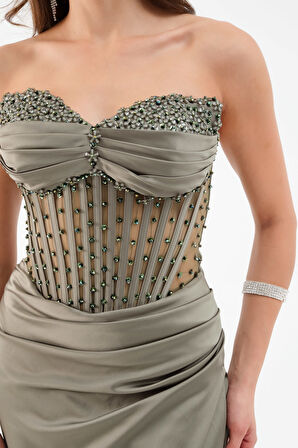 Kadın Haki Straplez Boncuklu Uzun Saten Abiye Elbise