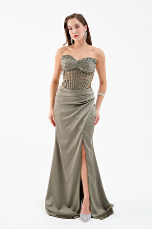 Kadın Haki Straplez Boncuklu Uzun Saten Abiye Elbise