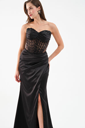 Kadın Siyah Straplez Boncuklu Uzun Saten Abiye Elbise