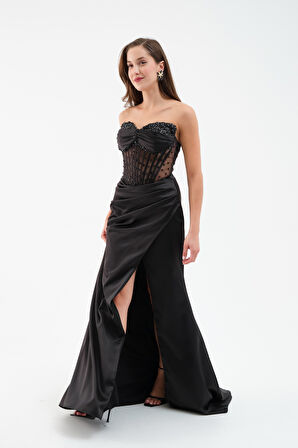 Kadın Siyah Straplez Boncuklu Uzun Saten Abiye Elbise