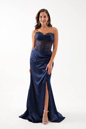 Kadın Lacivert Straplez Boncuklu Uzun Saten Abiye Elbise