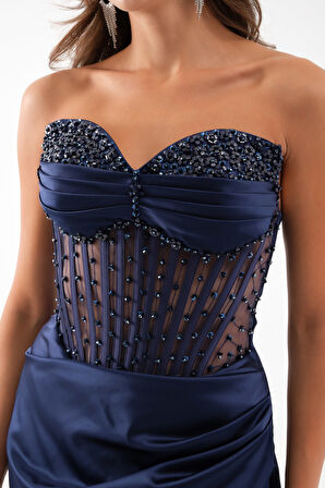 Kadın Lacivert Straplez Boncuklu Uzun Saten Abiye Elbise