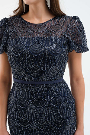 Kadın Lacivert Boncuklu Midi Abiye Elbise