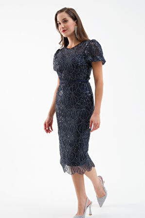 Kadın Lacivert Boncuklu Midi Abiye Elbise