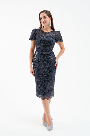Kadın Lacivert Boncuklu Midi Abiye Elbise
