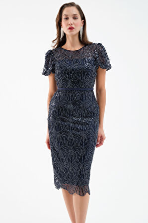 Kadın Lacivert Boncuklu Midi Abiye Elbise