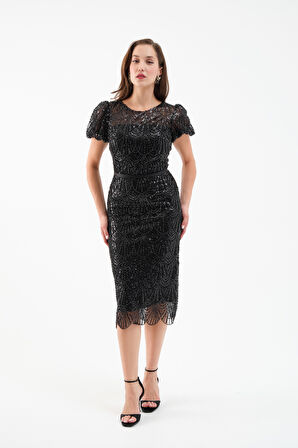 Kadın Siyah Boncuklu Midi Abiye Elbise