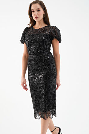 Kadın Siyah Boncuklu Midi Abiye Elbise