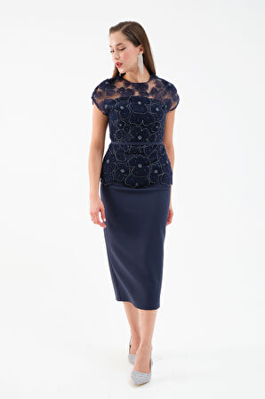 Kadın Lacivert Dantelli Midi Abiye Elbise