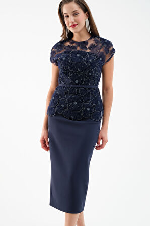 Kadın Lacivert Dantelli Midi Abiye Elbise