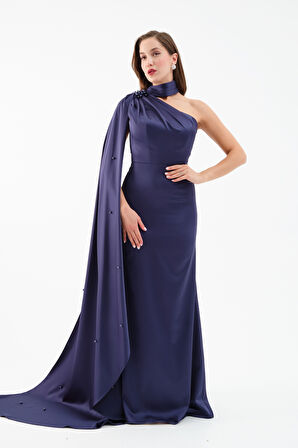 Kadın Lacivert Şal Yaka İnci Söz Nişan Nikah Abiye Elbise