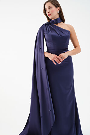 Kadın Lacivert Şal Yaka İnci Söz Nişan Nikah Abiye Elbise