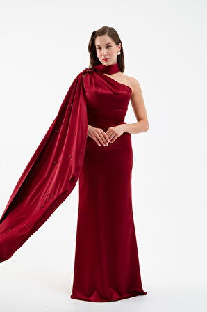 Kadın Bordo Şal Yaka İnci Söz Nişan Nikah Abiye Elbise