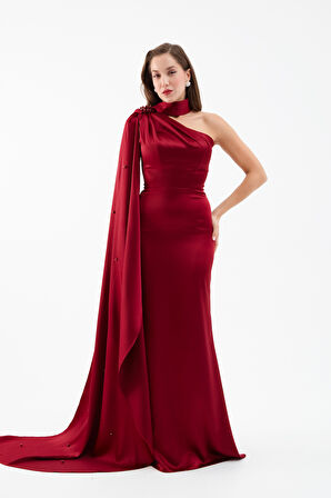 Kadın Bordo Şal Yaka İnci Söz Nişan Nikah Abiye Elbise