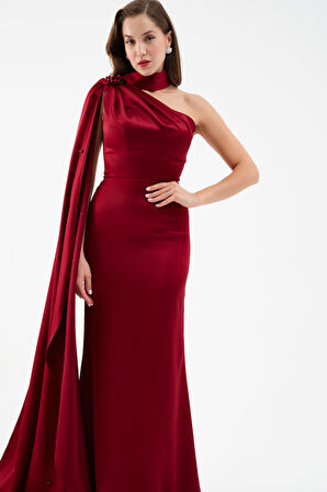 Kadın Bordo Şal Yaka İnci Söz Nişan Nikah Abiye Elbise