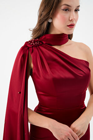 Kadın Bordo Şal Yaka İnci Söz Nişan Nikah Abiye Elbise