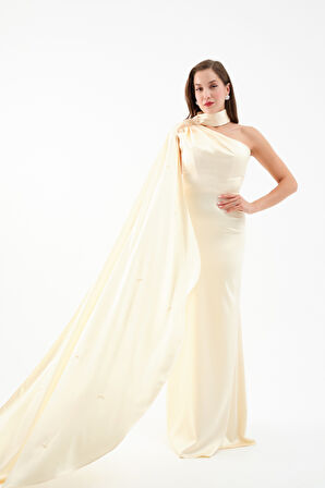 Kadın Sarı Şal Yaka İnci Söz Nişan Nikah Abiye Elbise