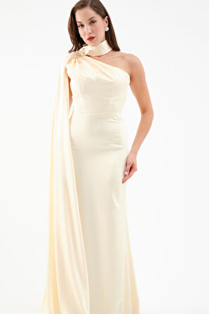 Kadın Sarı Şal Yaka İnci Söz Nişan Nikah Abiye Elbise