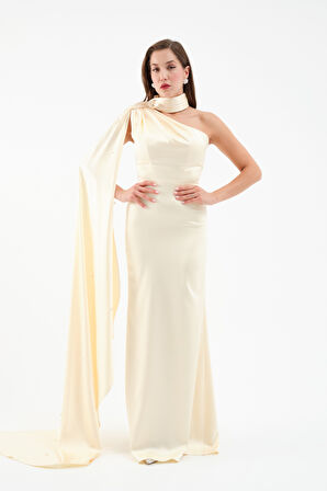 Kadın Sarı Şal Yaka İnci Söz Nişan Nikah Abiye Elbise