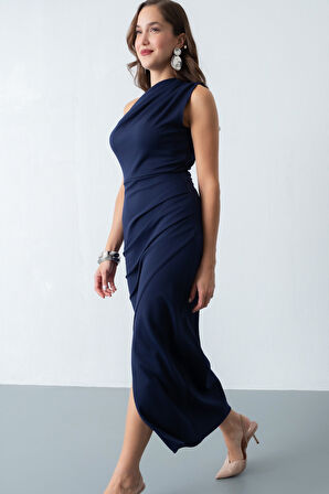 Kadın Lacivert Omuz Dekolteli Midi Davet Elbisesi