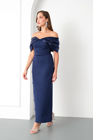 Kadın Lacivert Kayık Yaka İncili Söz Nişan Nikah Abiye Elbise