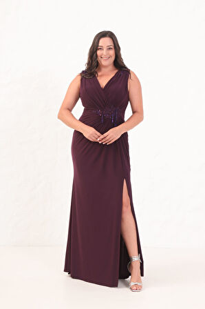 Kadın Mürdüm V Yaka Omuzları Taş Detaylı Büyük Beden Uzun Abiye Elbise