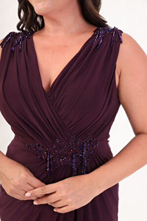 Kadın Mürdüm V Yaka Omuzları Taş Detaylı Büyük Beden Uzun Abiye Elbise