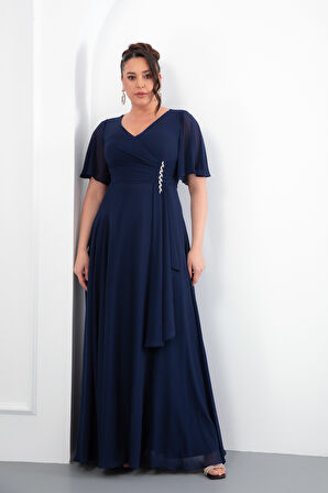 Kadın Lacivert V Yaka Taşlı Büyük Beden Uzun Şifon Abiye Elbise