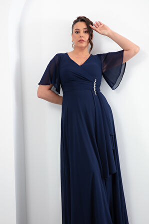 Kadın Lacivert V Yaka Taşlı Büyük Beden Uzun Şifon Abiye Elbise