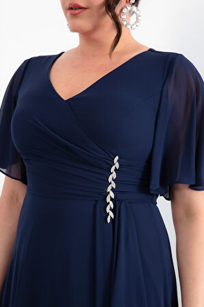 Kadın Lacivert V Yaka Taşlı Büyük Beden Uzun Şifon Abiye Elbise