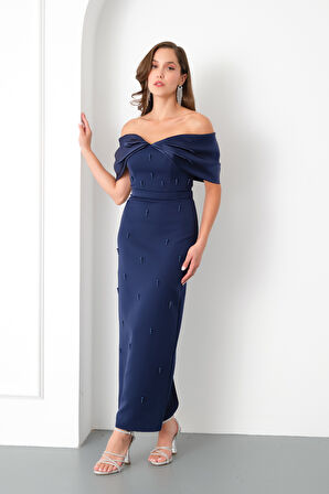 Kadın Lacivert Kayık Yaka İncili Söz Nişan Nikah Abiye Elbise