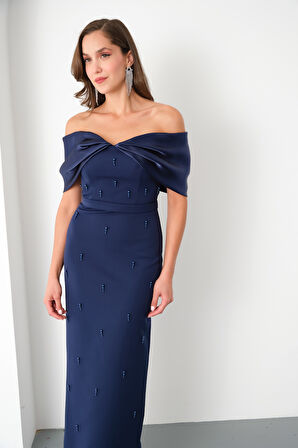 Kadın Lacivert Kayık Yaka İncili Söz Nişan Nikah Abiye Elbise