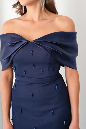 Kadın Lacivert Kayık Yaka İncili Söz Nişan Nikah Abiye Elbise