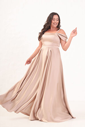 Kadın Bej Taş Askılı Büyük Beden Uzun Abiye Elbise