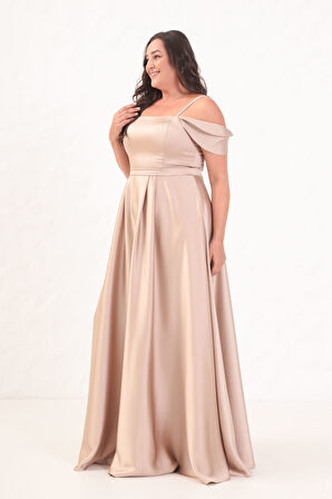 Kadın Bej Taş Askılı Büyük Beden Uzun Abiye Elbise