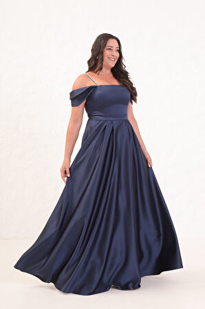 Kadın Lacivert Taş Askılı Büyük Beden Uzun Abiye Elbise