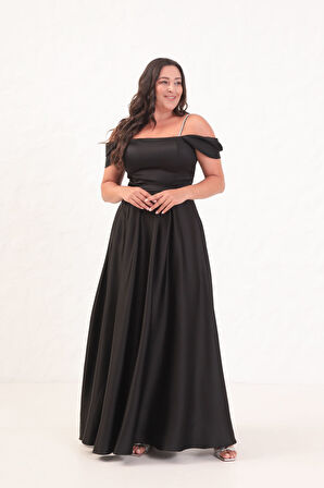 Kadın Siyah Taş Askılı Büyük Beden Uzun Abiye Elbise