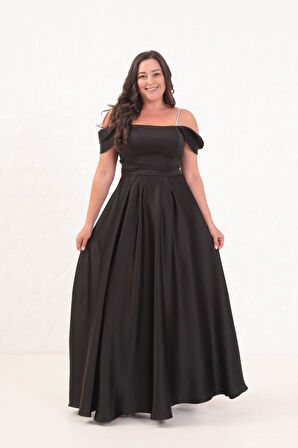 Kadın Siyah Taş Askılı Büyük Beden Uzun Abiye Elbise