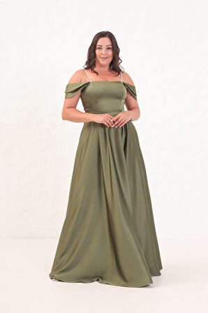 Kadın Haki Taş Askılı Büyük Beden Uzun Abiye Elbise