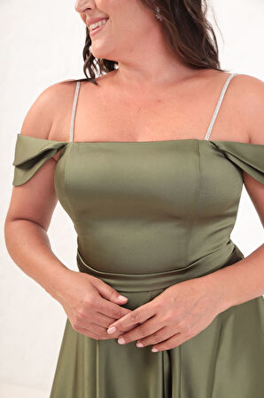 Kadın Haki Taş Askılı Büyük Beden Uzun Abiye Elbise