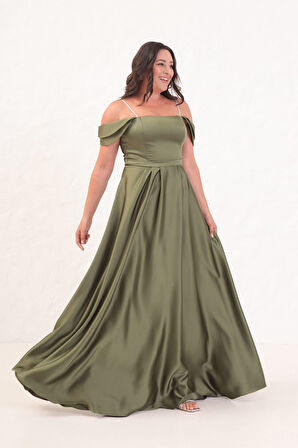 Kadın Haki Taş Askılı Büyük Beden Uzun Abiye Elbise