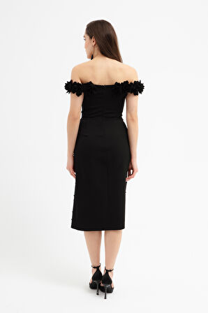 Kadın Siyah Yakası Çiçekli İncili Söz Nişan Nikah Abiye Elbise