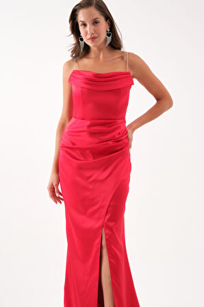 Kadın Kırmızı Taş Askılı Uzun Söz Nişan Abiye Elbise